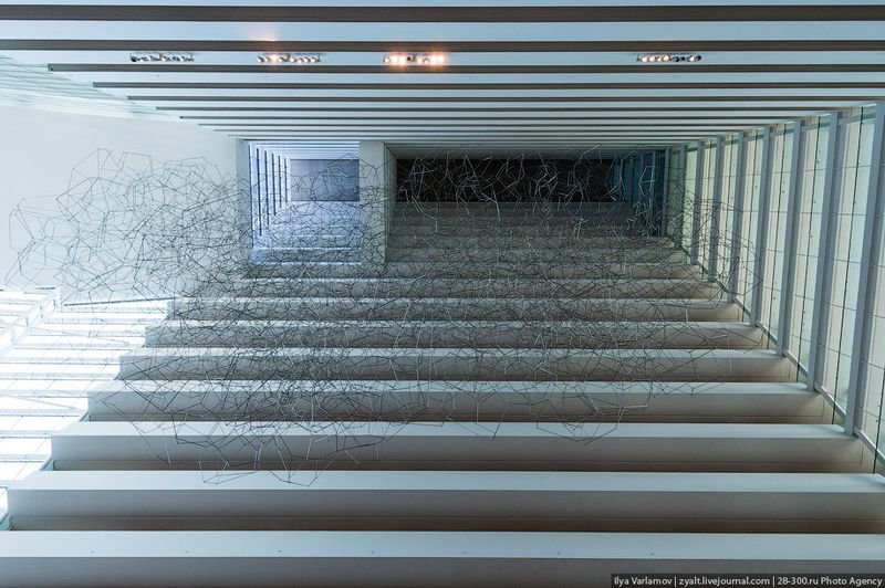 Отель Marina Bay Sands, бассейн под облаками В одном из атриумов подвешена огромная стальная паутинообразная скульптура Antony Gormley, состоящая из 16100 сегментов. Инсталляция весом 14,8 тонн собиралась аж 60 рабочими.